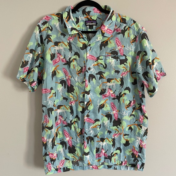 Patagonia Mens Organic Cotton Hemp Bird Print Short Sleeve Button Down Shirt L - Picture 2 of 11